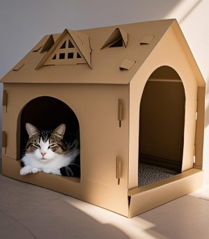 17.3 Inch Multiple Windows Detachable Cardboard House, House with Scratching Board, Indoor Playhouse, Scratching Mat with Catnip