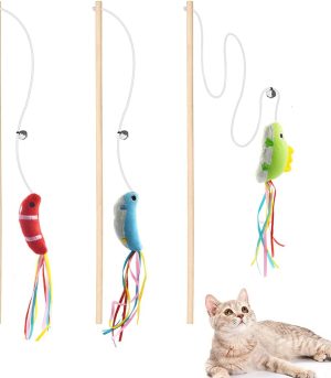 Cat Wand, 3 PCS Interactive Kitten Toys Wooden Handle Kitten Teaser Toys with Cute Fish Tail Sturdy Cat Sticks