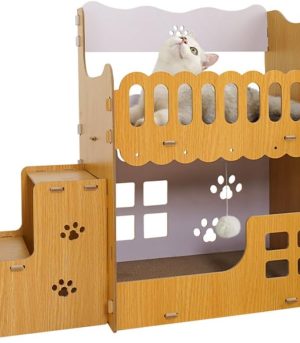 Cat Scratcher Wooden House - 2 Floor Kitten Scratching Cardboard Lounger Bed, Kitty Small Animals Play, Rest, Sleep,Scratch Post,Durable Board Entertain Feline Friends Prevent Furniture Damage