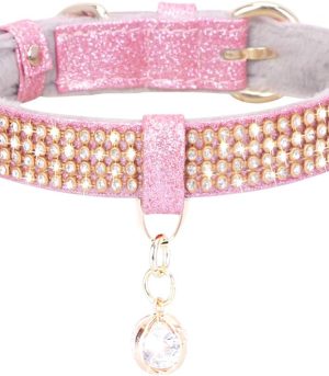 Cat Collar, Dog Collar, [Bling Rhinestones] Premium PU Leather with Pendant Adjustable Collars for Big Cat and Small to Medium Dog Small Pink