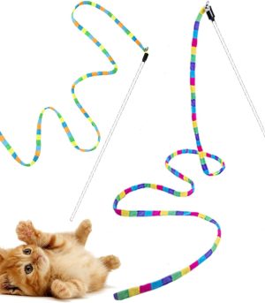 Interactive Cat Rainbow Wand Toys for Indoor Cats and Kittens,Extended Colorful Cat Teaser Wand String Plush Toy,Original Product Strong and Sturdy Pole with Bells(2 Pack)