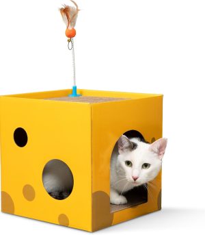 Cardboard Cat House, 2-Level Cat Beds for Indoor Cats, Cat Condo with Scratcher & Hideout, Feather Toy and Extra-Thick Pads, Cardboard Corner Hideout Fun for Kitties Bunny Guinea Pig Rabbit Ferret