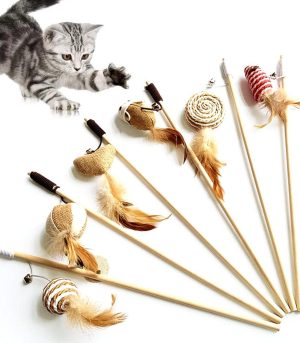 6pcs 40cm Feather Linen Wand Cat Catcher Teaser Stick Interactive Toys Wood Rod Mouse Toy with Mini Bell