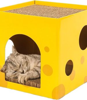 Cat Scratcher Cardboard Cat House, Double Layers Cat Scratcher Box with Cat Hole, Cat Bed Reversible Cat Scratching Board, Cat Scratcher Lounge Foldable Cat Scratcher House for Indoor Cats 12x12x12”