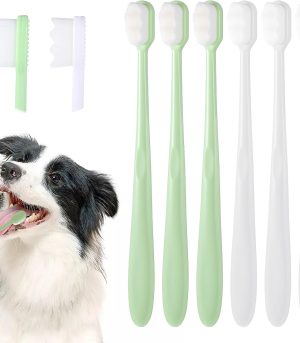 6 Pack Small Dog Toothbrush Pet Tooth Brush for Dog Cat Puppy Teeth Cleaning Ultra-Soft Wavy Bristles Tooth Brush Dental Care for Small to Large Pets, Easy Teeth Cleaning Kit (3 Green, 3 White)​