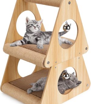 Cat Scratcher Cat House, Double-Layer Triangular Shape Cat Scratching Board, 2 in 1 Cat Scratching Post with Ball Toys for Indoor