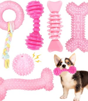 Puppy Toys, 6 Pack Dog Chew Toys for Puppy, Cute Pink Small Dog Toys, Teething Toys for Puppies, Soft Durable Interactive Chew Toy for Small Dogs