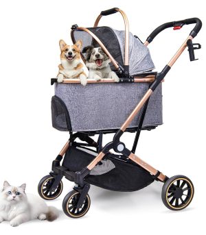 Foldable Medium Dog Stroller - 3 in 1 Pet Stroller with Detachable Storage Basket 4 All-Terrain Rubber Wheels Pull Rod Durable Travel Carrier for Max 33 lbs Medium Dogs 2 Small Cats (Grey)