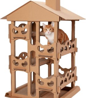 Cardboard Cat House Tower Playground, Multi-Level Cat Tree Hideout Scratcher with Catnip