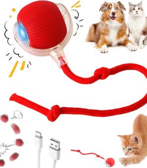 Interactive Electric Automatic Rolling Moving Rechargeable Self Play Stimulation Toy,Smart Pet Chase Ball with Speedy Tail Rope for Bored Indoor Cats Enrichment,stimulating Dogs Toy Small Dogs (Red)