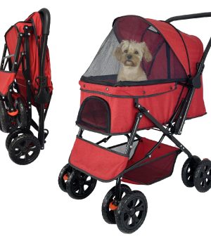 Reversible Handlebar Pet Stroller for Medium Dogs, Dog Stroller with 360 Rotating Front Wheel, Foot Brake, Wide Mesh Canopy, 2 Security Leashes, Cup Holder, and Storage Basket (Red)