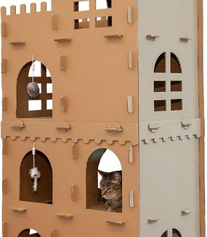 Multi-Level Cardboard Cat Condo w/ Catnip for Indoor Cats, Ft. Scratching Pads & Toys - High Castle Tower Corrugated Cat Scratcher Hideout - Cardboard Brown, One Size