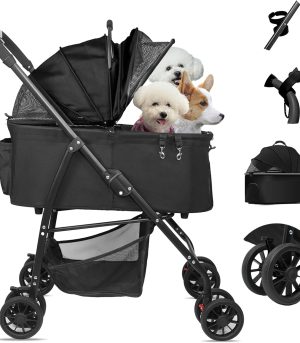 Dog Stroller for Medium Dogs, Lightweigh Pet Stroller for Small Dogs, 4 Upgraded Wheels, Dog Strollers with Cup Holder, Hook, Puppy Stroller with Detachble Spacious Cradle for Multiple Pets