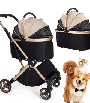 3 in 1 Multifunctional Pet Stroller with Detachable Travel Carrier,Zip Large Space Aluminum Dog Stroller for Small/Medium Dog/Cats up to 44 LBS,One-Touch Foldable Cat Strollers for 2 Cats (Khaki)
