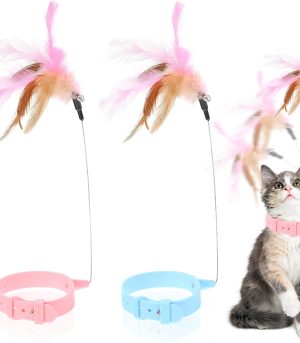 2Pcs Cat Collar Toy - Adjustable Feather Neck Collar With Silicone, Teasing Wand, Funny Stick, Interactive Self Playing Bell Toys for Indoor Cats and Small Animals (Blue, Pink)