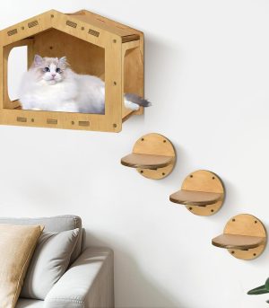 Cat Wall Shelves, Cat Shelves and Perches for Wall, Cat House Fit Cat Up to 25Lbs, 1 Cat Condo House and 3 Large Cat Steps with Scratching Pad, Cat Climbing Shelf for Indoor, Cat Wall Furniture