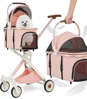 3 in 1 Pet Stroller with Adjustable Handle, Jogging Stroller w/Detachable Carrier & Lightweight Aluminum Frame for Dogs Cats, Soft Pink
