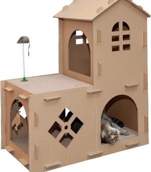 Multi-Level Cardboard Cat House w/ Catnip for Indoor Cats, Ft. Scratching Pads & Toys - Farmhouse Corrugated Cat Scratcher Hideout - Cardboard Brown, One Size