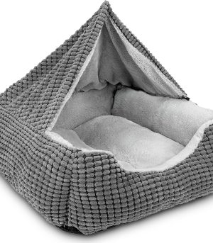 Dog Beds for Large Medium Small Dogs, Rectangle Cave Hooded Blanket Puppy Bed, Luxury Anti-Anxiety Orthopedic Cat Beds for Indoor Cats, Warmth and Machine Washable (20 inches, Grey)