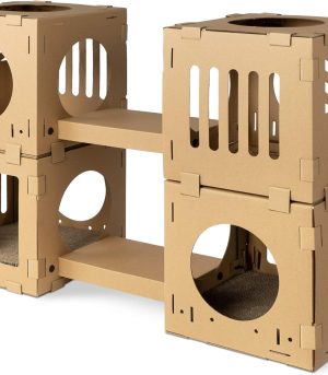 Modular Cardboard Cat House - DIY Corrugated Cardboard Configurable Play Tower Condo for Small Cats, Kittens, Rabbits - 4 Cubes with 2 Bridges