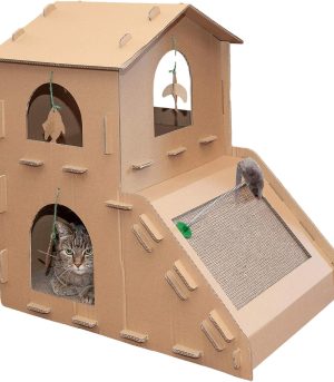 Multi-Level Cardboard Cat House w/ Catnip for Indoor Cats, Ft. Scratching Pads & Toys -  Corrugated Cat Scratcher Hideout - Cardboard Brown, One Size
