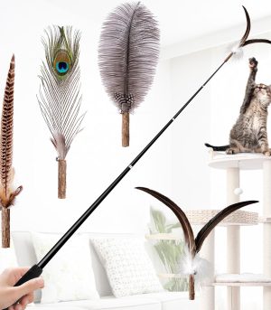 Latest Cat Wand Toy, 68”Extra Long Cat Fishing Pole Toy, 4PCS Natural Huge Feather Refills with Silvervine Sticks for Indoor Cats Kitten Kitty Teeth Cleaning Exercise Accessories