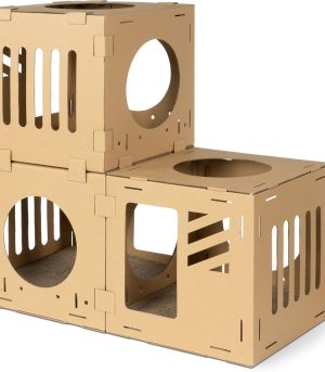 Modular Cardboard Cat House - DIY Corrugated Cardboard Configurable Play Tower Condo for Small Cats, Kittens, Rabbits - 3 Cubes